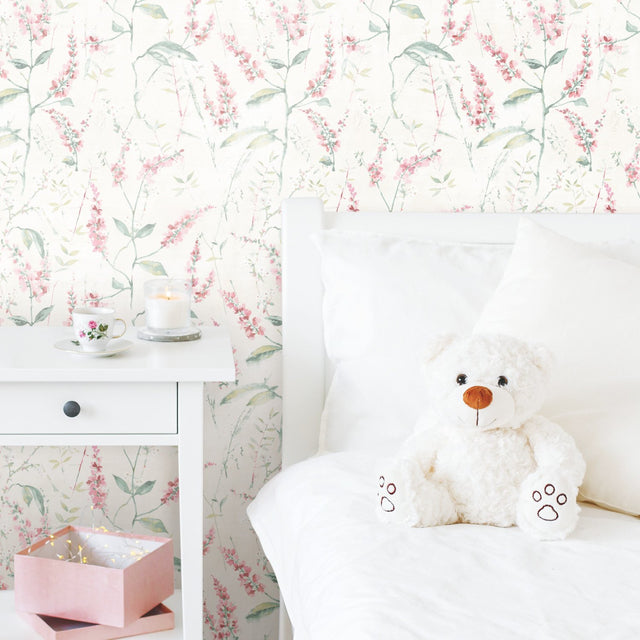 Floral Sprig Pink Peel & Stick Wallpaper with Modern Botanical Flowers Pattern - York RMK11452WP