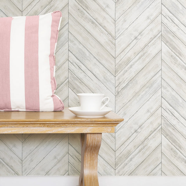 Herringbone Tan Peel & Stick Wallpaper with Wood Boards Motif - York RMK11453WP