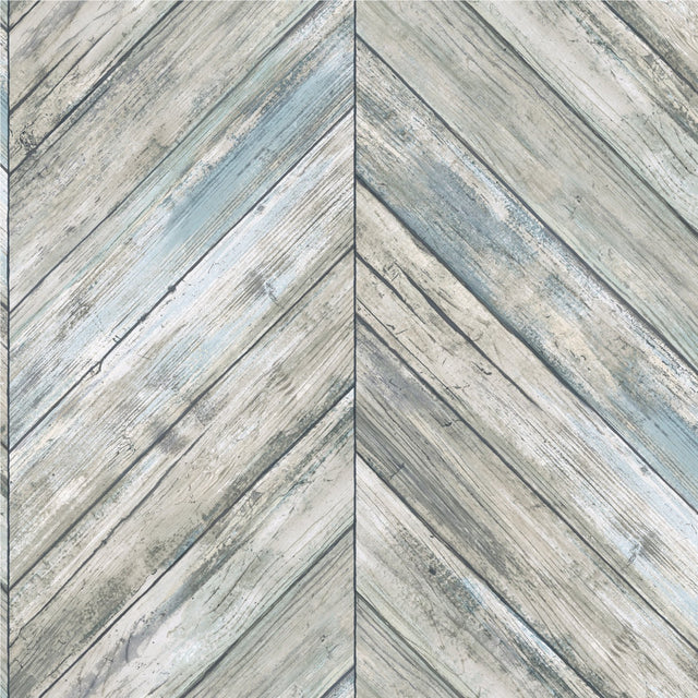 Herringbone Wood Boards Blue Peel & Stick Wallpaper with Rustic Wood Look - RoomMates RMK11454WP