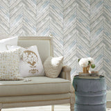 Herringbone Wood Boards Blue Peel & Stick Wallpaper with Rustic Wood Look - RoomMates RMK11454WP