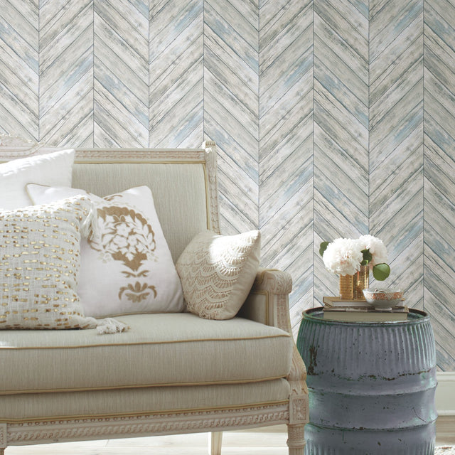 Herringbone Wood Boards Blue Peel & Stick Wallpaper with Rustic Wood Look - RoomMates RMK11454WP