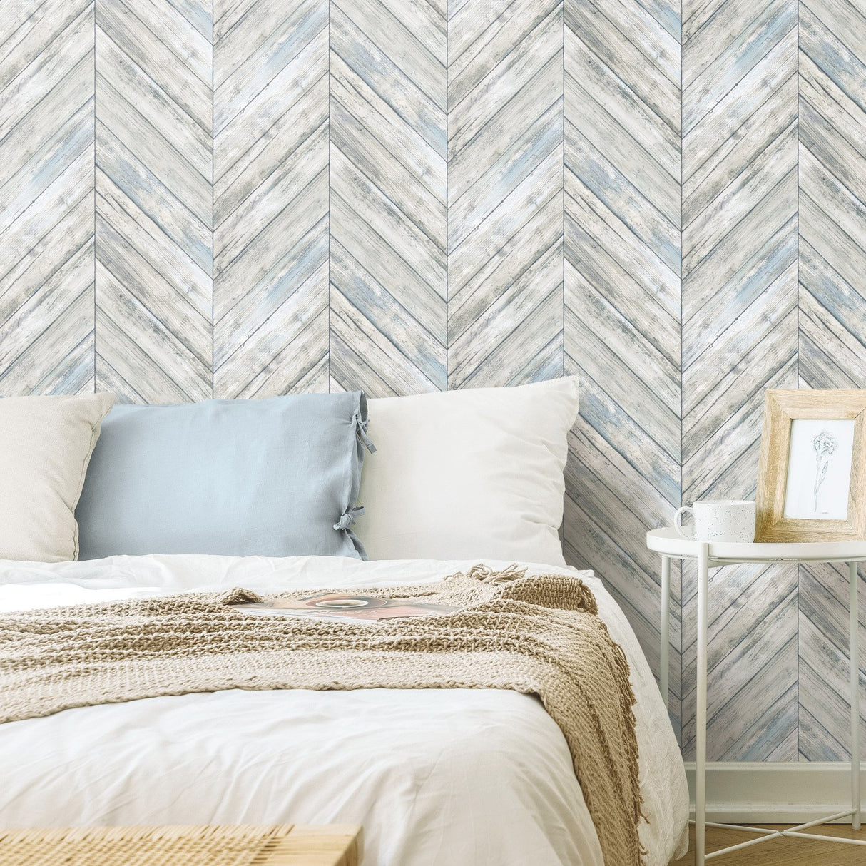 Herringbone Wood Boards Blue Peel & Stick Wallpaper with Rustic Wood Look - RoomMates RMK11454WP