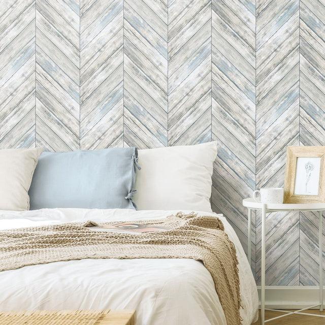 Herringbone Wood Boards Blue Peel & Stick Wallpaper with Rustic Wood Look - RoomMates RMK11454WP