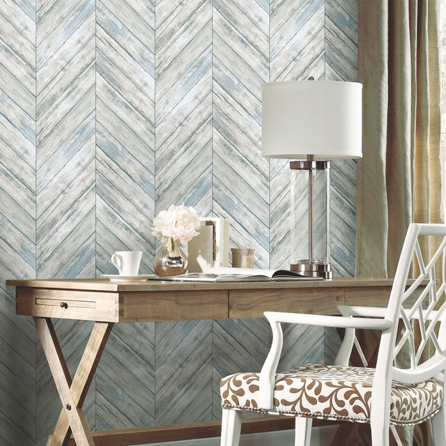 Herringbone Wood Boards Blue Peel & Stick Wallpaper with Rustic Wood Look - RoomMates RMK11454WP