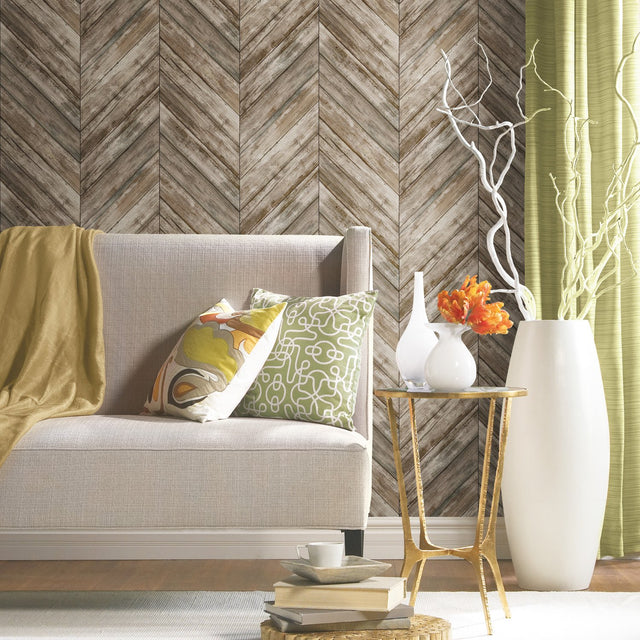 Herringbone Wood Boards Brown Peel & Stick Wallpaper with Rustic Wood Look - York RMK11455WP