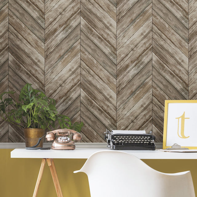 Herringbone Wood Boards Brown Peel & Stick Wallpaper with Rustic Wood Look - York RMK11455WP