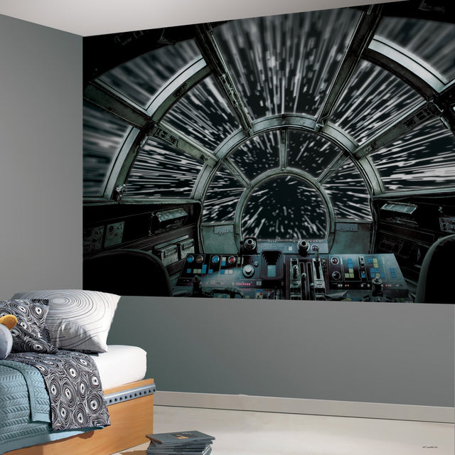 Star Wars Millennium Falcon Grey Peel & Stick Wall Mural with Hyperspace Cockpit Scene - York RMK11458M