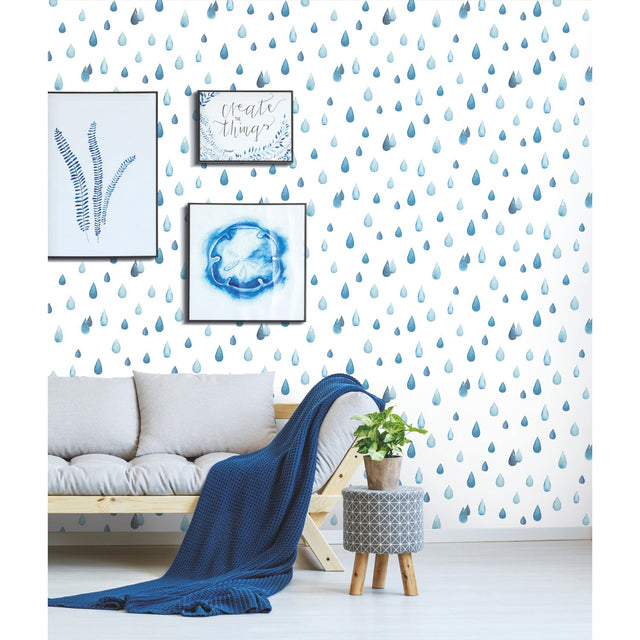 Clara Jean Raindrops Blue Peel & Stick Wallpaper with Whimsical Nature Novelty Pattern - York RMK11468RL