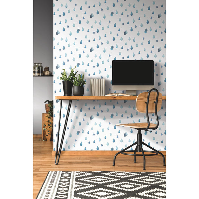 Clara Jean Raindrops Blue Peel & Stick Wallpaper with Whimsical Nature Novelty Pattern - York RMK11468RL