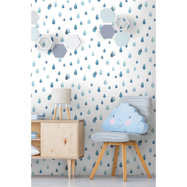 Clara Jean Raindrops Blue Peel & Stick Wallpaper with Whimsical Nature Novelty Pattern - York RMK11468RL