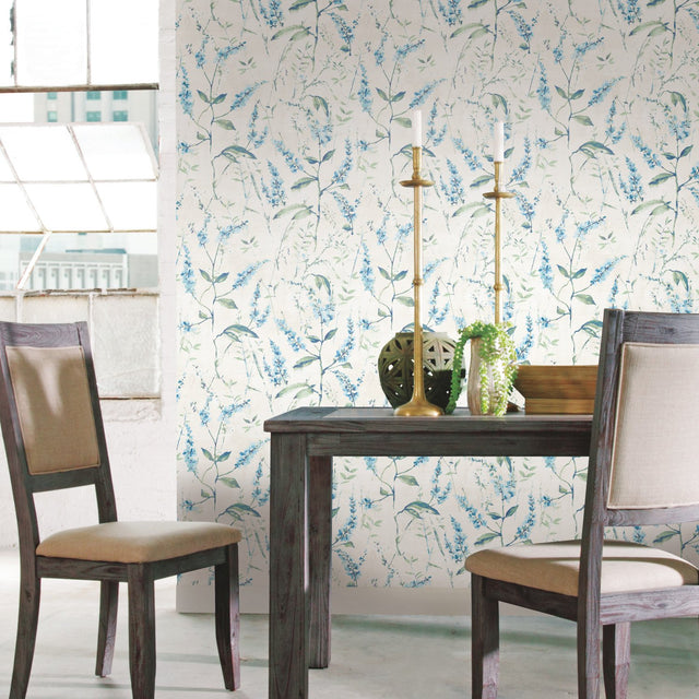 Floral Sprig Blue Peel & Stick Wallpaper with Modern Botanical Floral Pattern - York RMK11473WP