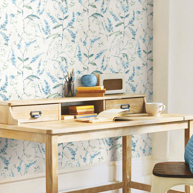 Floral Sprig Blue Peel & Stick Wallpaper with Modern Botanical Floral Pattern - York RMK11473WP