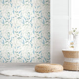 Floral Sprig Blue Peel & Stick Wallpaper with Modern Botanical Floral Pattern - York RMK11473WP