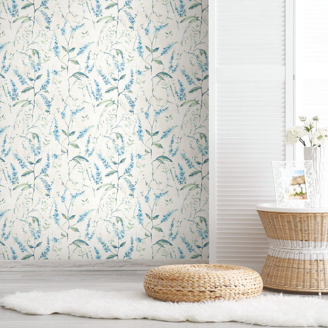 Floral Sprig Blue Peel & Stick Wallpaper with Modern Botanical Floral Pattern - York RMK11473WP
