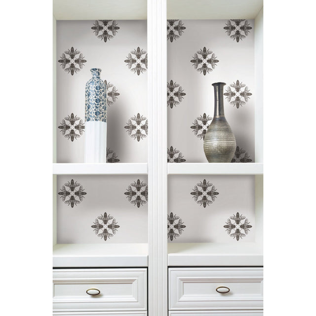 Honey Bee Black Peel & Stick Wallpaper with Insect Medallion Motif - York RMK11475WP