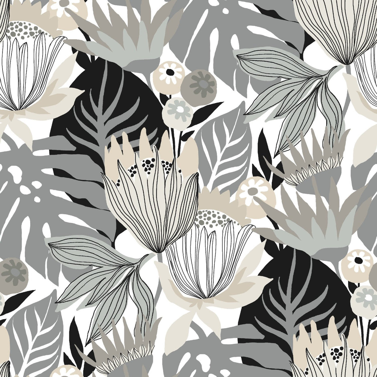 Retro Tropical Leaves Grey Peel & Stick Wallpaper with Retro Botanical Motif - York RMK11488RL