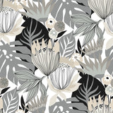 Retro Tropical Leaves Grey Peel & Stick Wallpaper with Retro Botanical Motif - York RMK11488RL