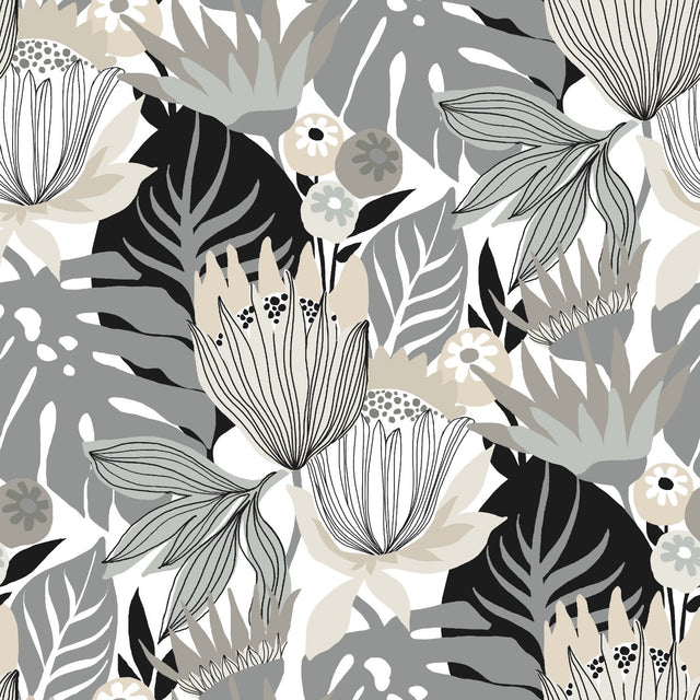 Retro Tropical Leaves Grey Peel & Stick Wallpaper with Retro Botanical Motif - York RMK11488RL