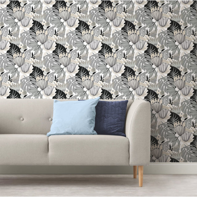 Retro Tropical Leaves Grey Peel & Stick Wallpaper with Retro Botanical Motif - York RMK11488RL