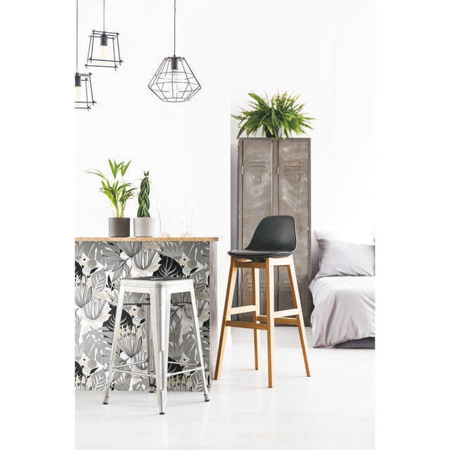 Retro Tropical Leaves Grey Peel & Stick Wallpaper with Retro Botanical Motif - York RMK11488RL