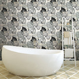 Retro Tropical Leaves Grey Peel & Stick Wallpaper with Retro Botanical Motif - York RMK11488RL