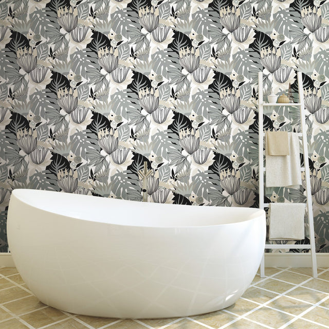 Retro Tropical Leaves Grey Peel & Stick Wallpaper with Retro Botanical Motif - York RMK11488RL