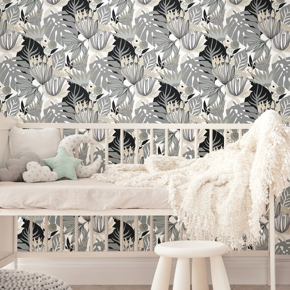 Retro Tropical Leaves Grey Peel & Stick Wallpaper with Retro Botanical Motif - York RMK11488RL