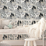 Retro Tropical Leaves Grey Peel & Stick Wallpaper with Retro Botanical Motif - York RMK11488RL