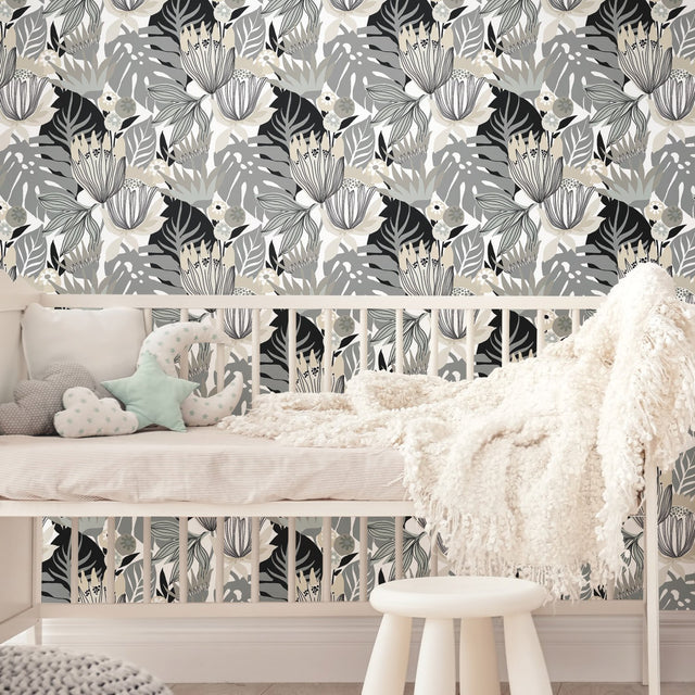 Retro Tropical Leaves Grey Peel & Stick Wallpaper with Retro Botanical Motif - York RMK11488RL