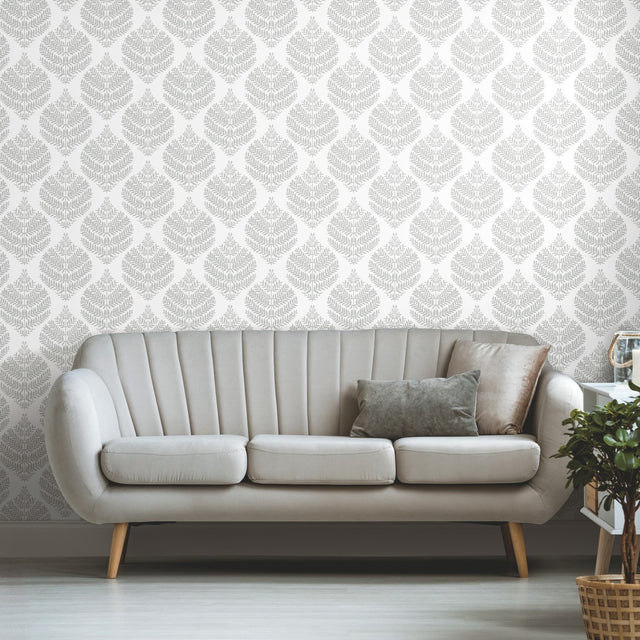 Hygge Fern Damask Grey Peel & Stick Wallpaper with Botanical Leaf Motif - York RMK11511WP
