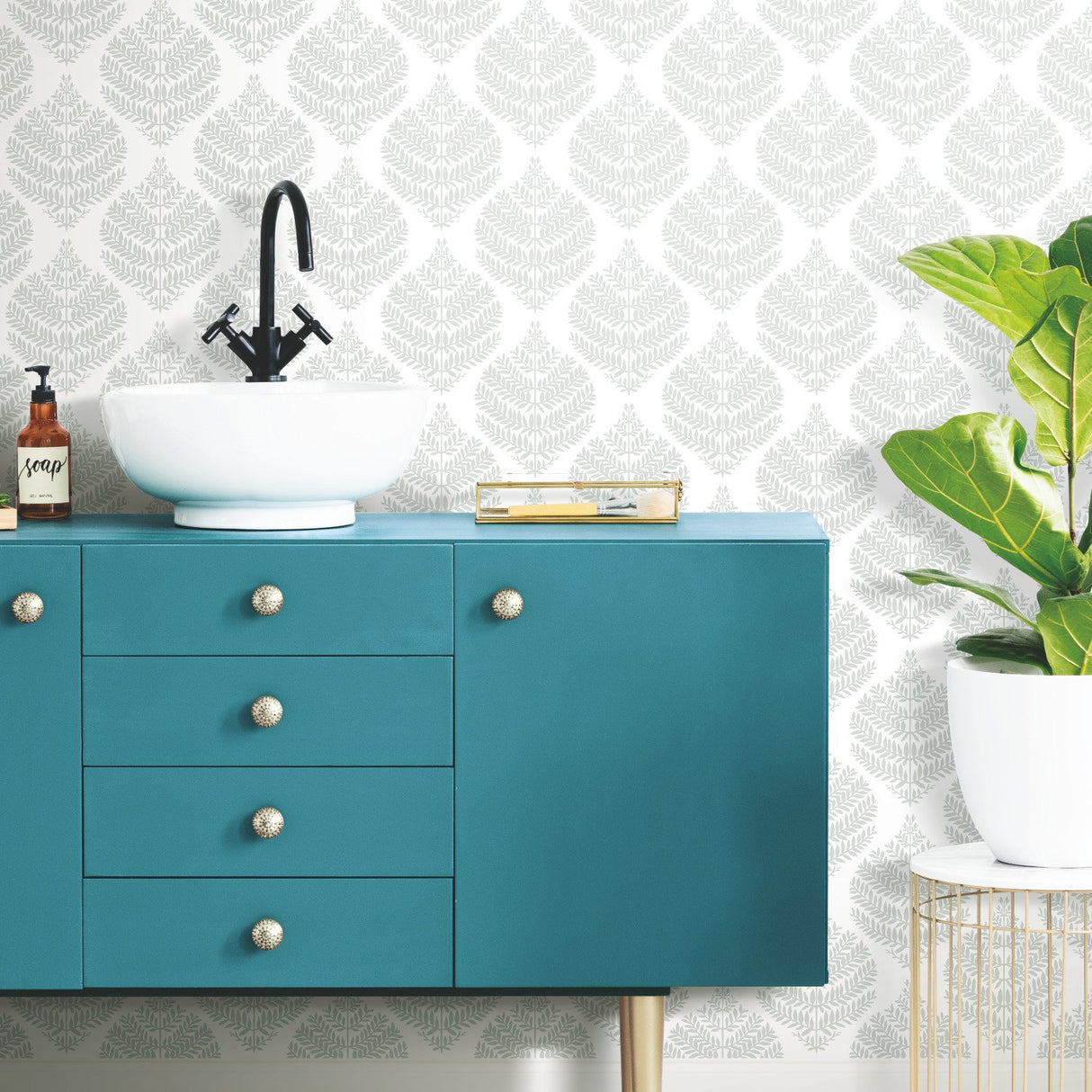 Hygge Fern Damask Grey Peel & Stick Wallpaper with Botanical Leaf Motif - York RMK11511WP