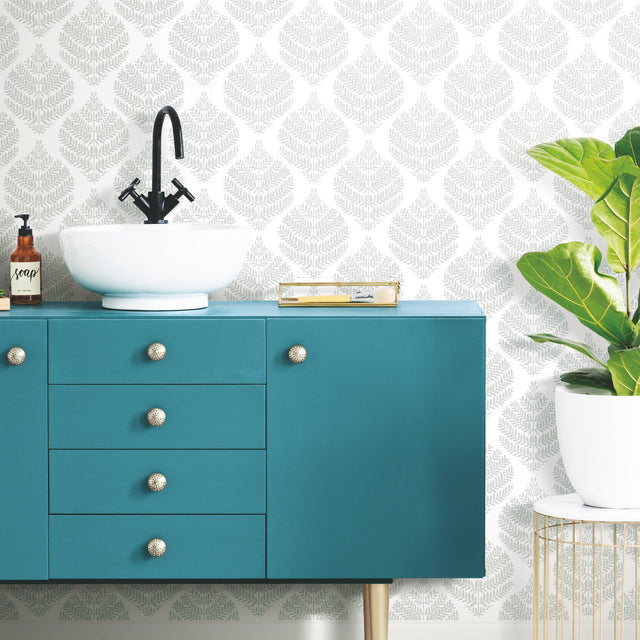 Hygge Fern Damask Grey Peel & Stick Wallpaper with Botanical Leaf Motif - York RMK11511WP