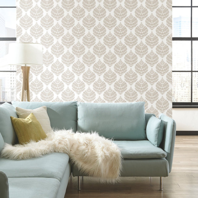 Hygge Fern Damask Taupe Peel & Stick Wallpaper with Botanical Leaf Motif - York RMK11512WP
