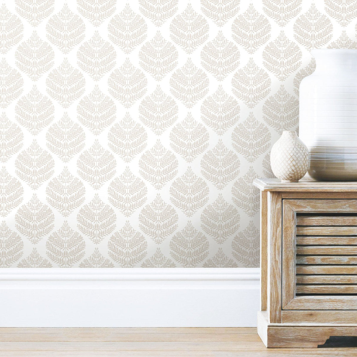 Hygge Fern Damask Taupe Peel & Stick Wallpaper with Botanical Leaf Motif - York RMK11512WP