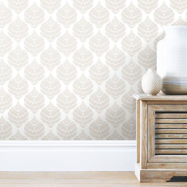 Hygge Fern Damask Taupe Peel & Stick Wallpaper with Botanical Leaf Motif - York RMK11512WP
