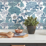 Niittypolku Blue Peel & Stick Vinyl Wallpaper with Botanical Floral Pattern, Modern Style - York RMK11534RL