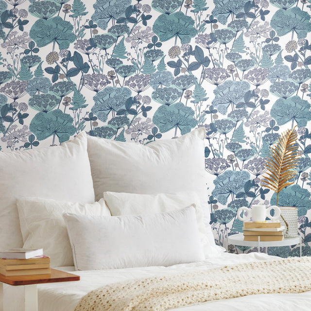 Niittypolku Blue Peel & Stick Vinyl Wallpaper with Botanical Floral Pattern, Modern Style - York RMK11534RL