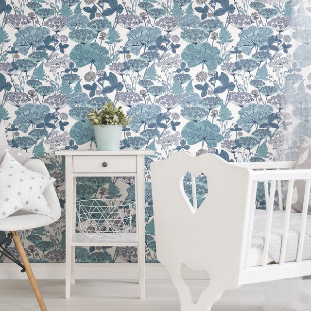Niittypolku Blue Peel & Stick Vinyl Wallpaper with Botanical Floral Pattern, Modern Style - York RMK11534RL