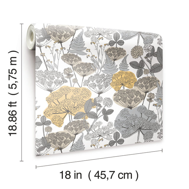 Niittypolku Grey Peel & Stick Wallpaper with Botanical Floral Pattern, Modern Style - York RMK11535RL