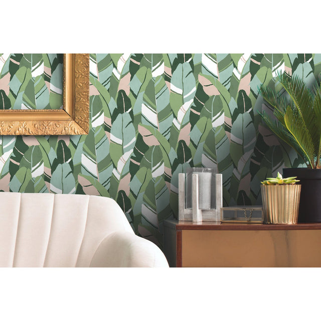 Hearts Of Palm Green Peel & Stick Wallpaper with Botanical Leaves Motif, Modern Style - York RMK11574RL