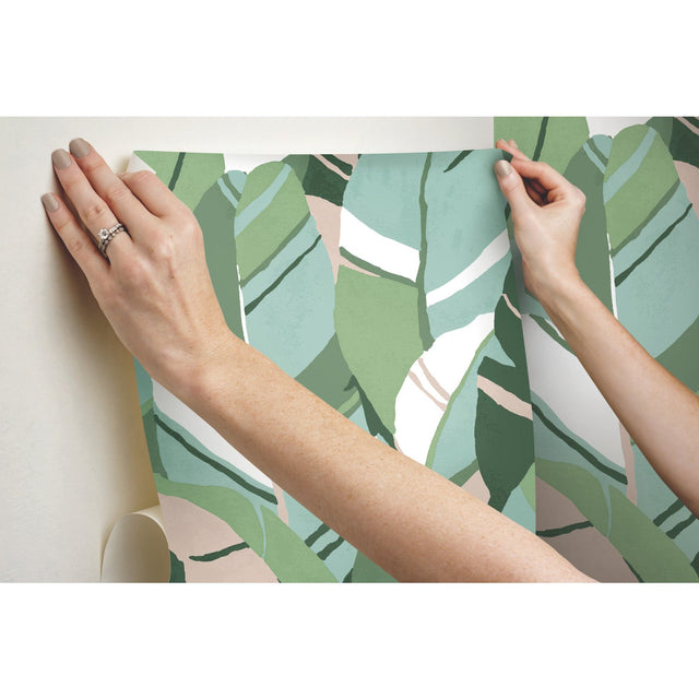 Hearts Of Palm Green Peel & Stick Wallpaper with Botanical Leaves Motif, Modern Style - York RMK11574RL