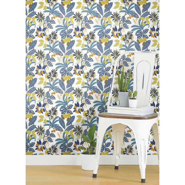 Funky Jungle Blue Peel & Stick Wallpaper with Tropical Botanical Novelty Pattern - York RMK11577RL