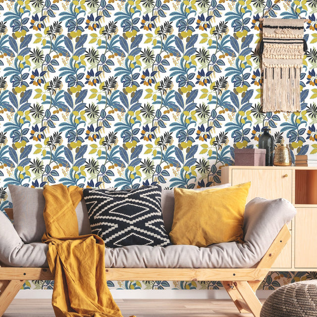 Funky Jungle Blue Peel & Stick Wallpaper with Tropical Botanical Novelty Pattern - York RMK11577RL