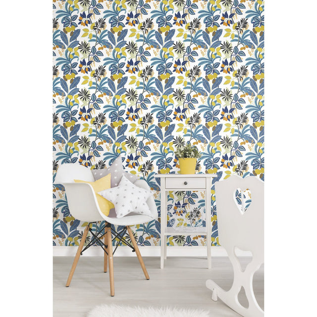 Funky Jungle Blue Peel & Stick Wallpaper with Tropical Botanical Novelty Pattern - York RMK11577RL