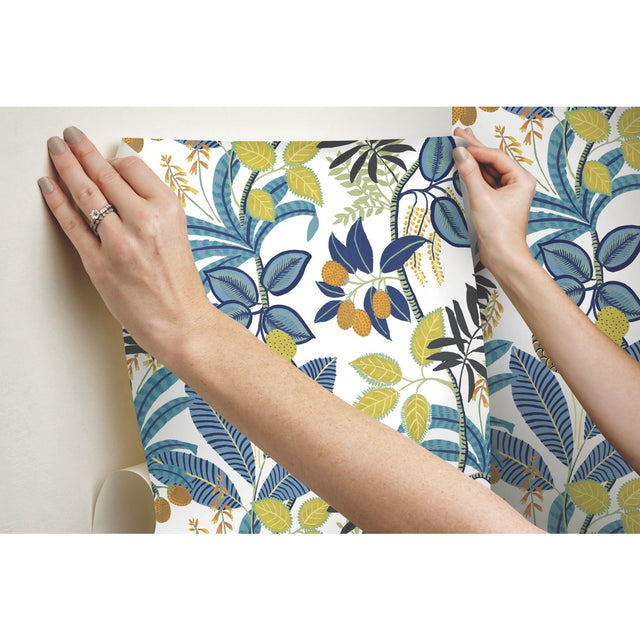 Funky Jungle Blue Peel & Stick Wallpaper with Tropical Botanical Novelty Pattern - York RMK11577RL