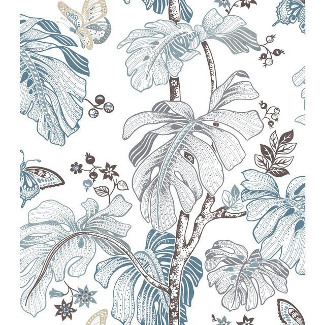 Boho Palm Blue Peel & Stick Wallpaper with Botanical Leaves Motif - York RMK11584RL