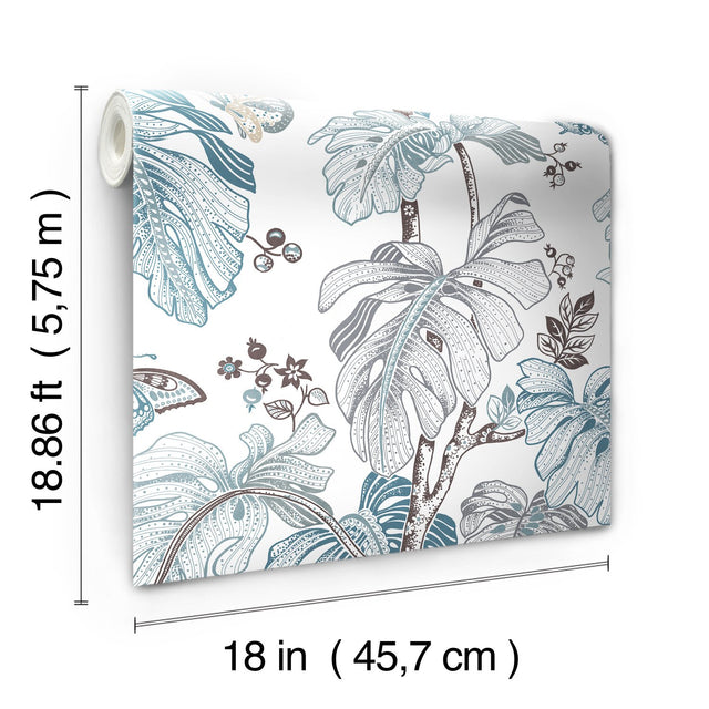 Boho Palm Blue Peel & Stick Wallpaper with Botanical Leaves Motif - York RMK11584RL