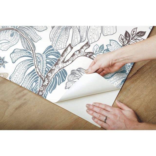 Boho Palm Blue Peel & Stick Wallpaper with Botanical Leaves Motif - York RMK11584RL