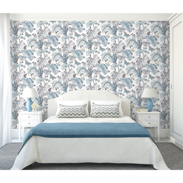 Boho Palm Blue Peel & Stick Wallpaper with Botanical Leaves Motif - York RMK11584RL