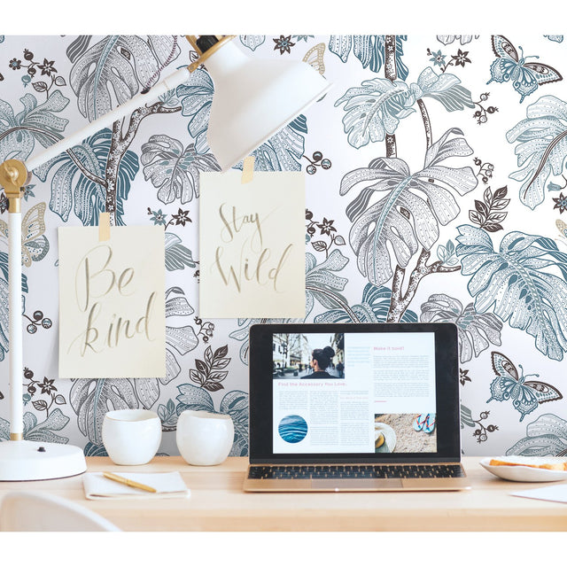 Boho Palm Blue Peel & Stick Wallpaper with Botanical Leaves Motif - York RMK11584RL
